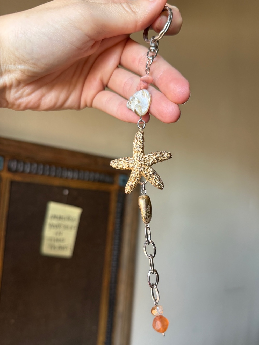 Gold Starfish Keychain purse charm with Shell and Coral Beads